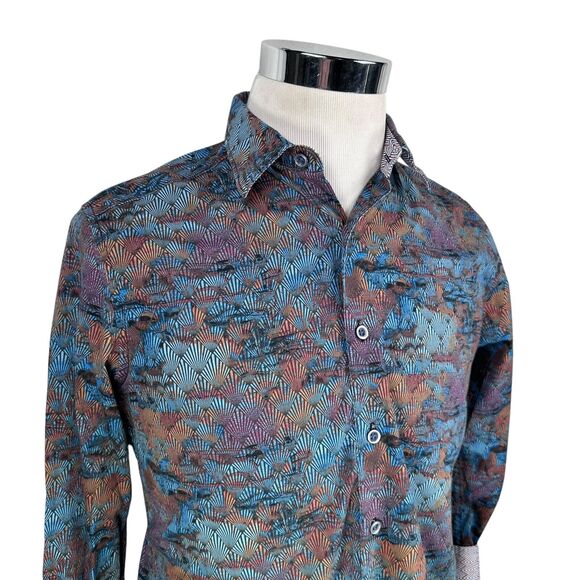 Robert Graham Shirt Men’s Small Geometric Fans Colorful Flip Cuff Button Up Blue - Picture 2 of 11